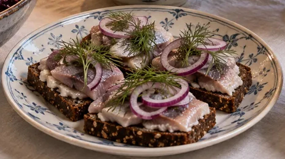 Inlagd sill på rågbröd med rödlök och dill