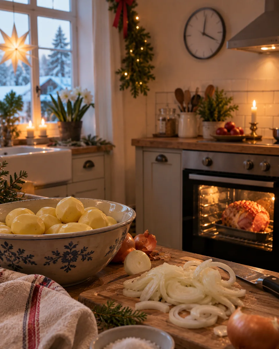 Köksbänk klockan tre på julafton med skinka i ugnen, potatis och en klocka på väggen
